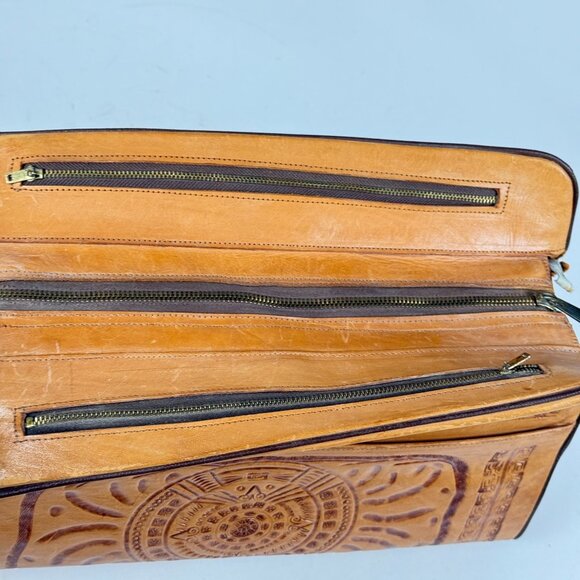 Hand Tooled Leather Crossbody Purse W/Eagle & Aztec Motif Boho Style Rustic Bag - Picture 5 of 10